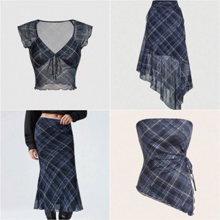   SẴN VÁY XOÈ ĐEN M - MUA LÙI 1 SIZE SO VỚI THƯỜNG MẶC - ORDER SHEIN   BLUSEN SET - Áo croptop váy caro xanh cá tính Y2K 