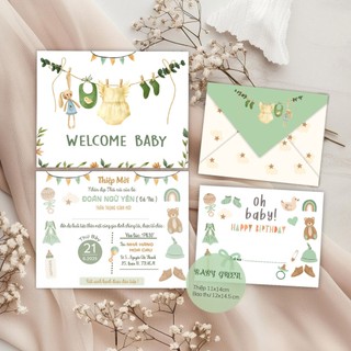 𝟏𝟎𝟎 thiệp thôi nôi bé gái in tên bé màu xanh lá Baby Green | thiệp mời sinh nhật kèm bao thư