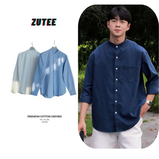 Áo Sơ Mi Cổ Tàu Oxford Tay Dài Nam Nữ Hàn Quốc Cổ Trụ ZUTEE Form Rộng 2 Màu Trắng