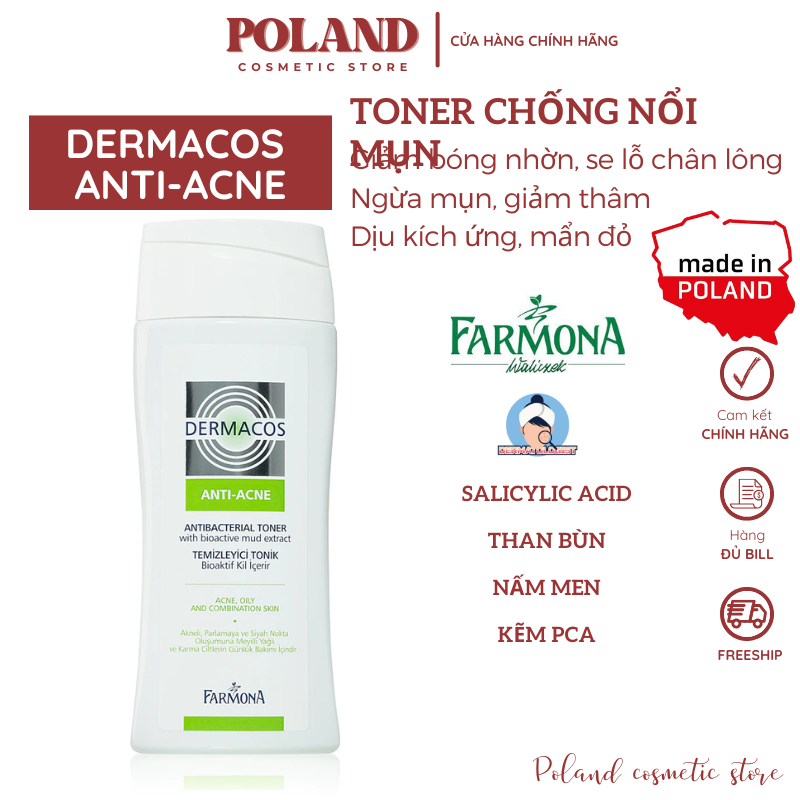 Toner Dermacos nước cân bằng da làm sạch ngừa khuẩn chống mụn cho da hỗn hợp dầu mụn 150ml