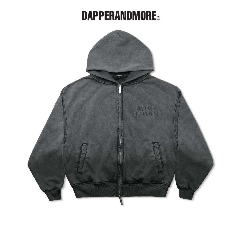 Áo Khoác Hoodie DAPPERANDMORE "GARMENT-DYED HOODIE" With Zipper In Nổi Logo 450GSM - Xám Đậm