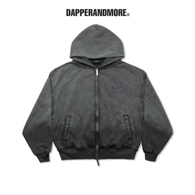 Áo Khoác Hoodie DAPPERANDMORE "GARMENT-DYED HOODIE" With Zipper In Nổi Logo 450GSM - Xám Đậm