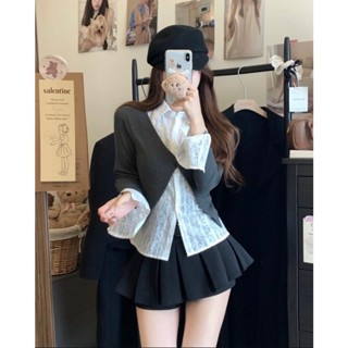   40-80Kg  Set Áo Sơ Mi Trắng Phối Thun Xám Và Quần Giả Váy Xếp Li  Có BigSize  UnihomeClothing CV253 