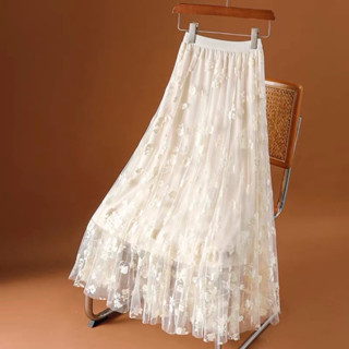  Chân váy voan dáng dài midi 2 lớp in hoa vân nổi nhiều màu sắc 2454 