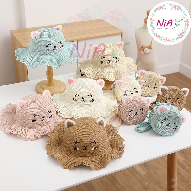 Bộ nón cói kèm túi cói tròn hình mèo bé gái, mũ cói chống nắng rộng vành nhiều màu NiA shop MC003