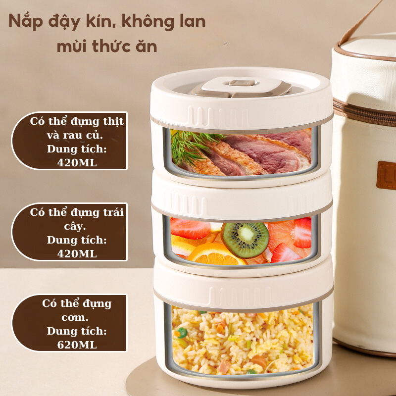 Hộp Đựng Cơm Túi Đựng Cơm Trưa Giữ Nhiệt Văn Phòng Cách Nhiệt, Combo 3 Ngăn Đựng Thức Ăn 2 Lớp Bằng Thép Không Gỉ 304 | BigBuy360 - bigbuy360.vn