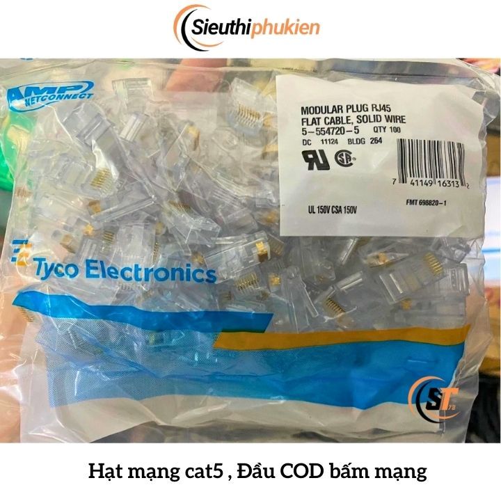 Hạt mạng cat5e AMP RJ45 hộp 100 hạt - hạt mạng amp tyco cat5e chân đồng chính hãng 100%