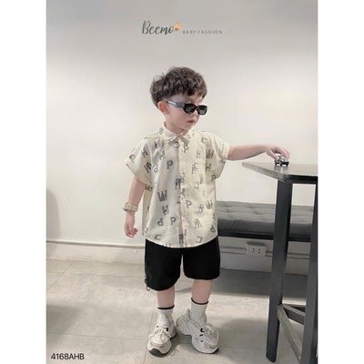 Áo sơ mi cộc tay Beemo in tràn chữ from rộng vải thô hàn cao cấp đi học đi chơi cho bé trai từ 9-24kg 4168AHB