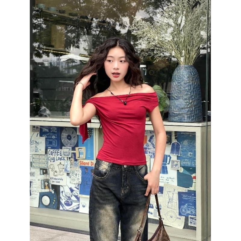 [THANH LÝ] Áo ôm trễ vai Maddy Top ATV009 buộc nơ 1 bên vai, thiết kế trẻ trung - Uni by heart màu đ