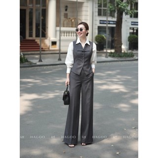  Áo gile cổ cánh nhạn nữ và quần bấu li nửa màu ghi HAGOO phong cách công sở thanh lịch  A615-Q585  