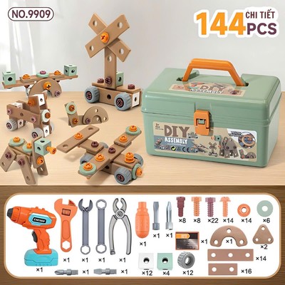 Đồ Chơi Lắp Ráp DIY Cho Bé 144 Chi Tiết – Có Hộp Dụng Cụ & Máy Khoan Mini