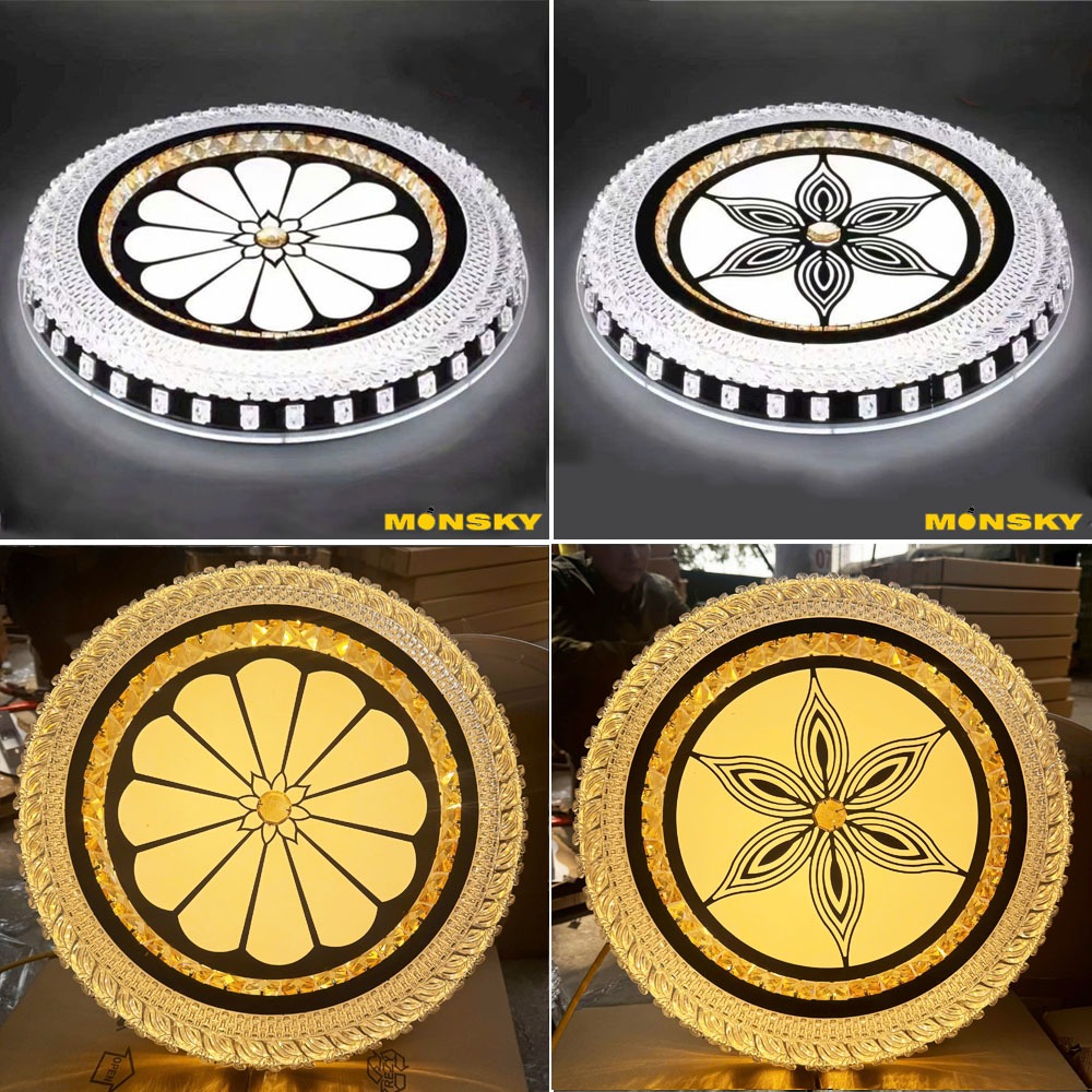 Đèn ốp trần led MONSKY KANINA 50cm viền ABS + pha lê trang trí nội thất 3 chế độ màu ánh sáng