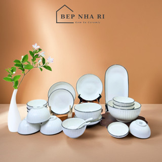 [BẾP NHÀ RI] Bộ Bát Đĩa 25 Trắng Viền Đen gốm sứ cao cấp dày dặn chịu nhiệt tốt, decor trang trí bàn ăn hiện đại