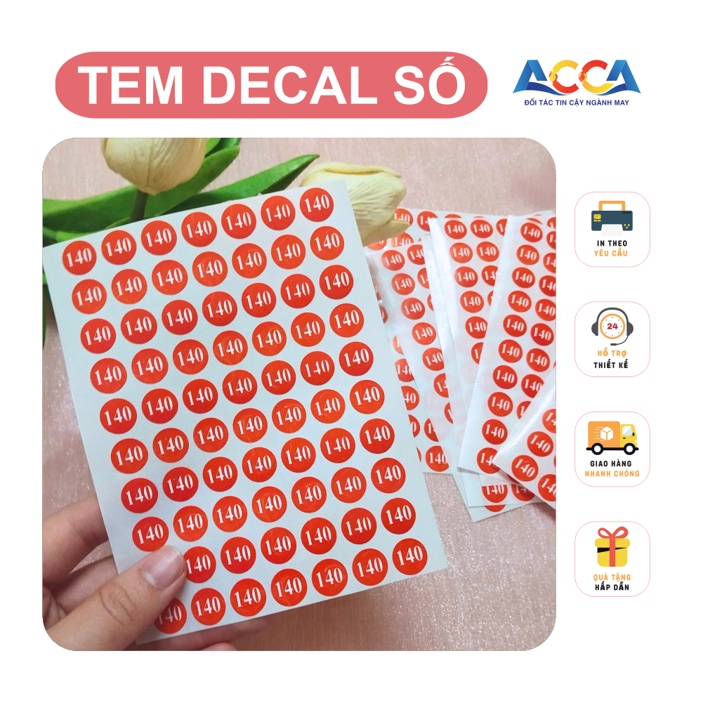 Tem decal size size số, Tem size quần áo trẻ em số 80, 90 đến 150, nhãn dán kích thước in số