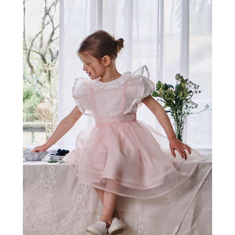 [SALE XẢ KHO] Đầm voan hồng thêu hoa ngực hàng xuất dư susu&cra (no tag) [Size 12M / 18M]