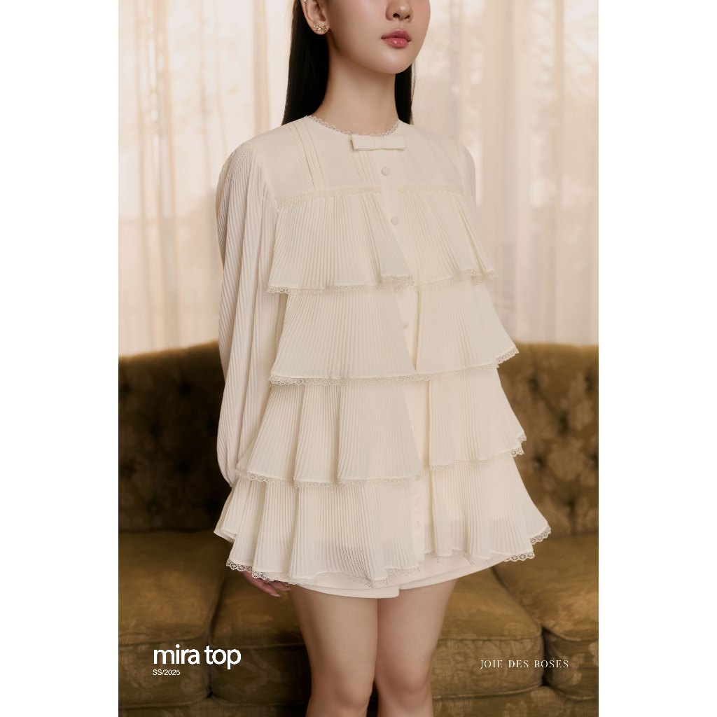 JOIE DES ROSES - Áo babydoll bốn tầng bèo nhún ren phối nơ Mira Top | BigBuy360 - bigbuy360.vn