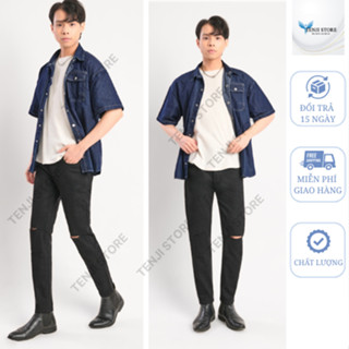 Quần jean nam rách gối skinny chất bò co giãn 4 chiều size 28-34 rin dáng ôm TENJI