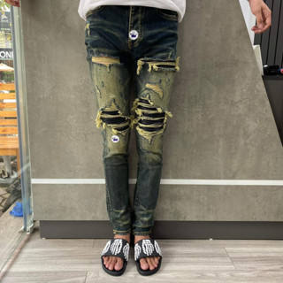 Quần A.Mi.Ri Nam Jean Xanh Đậm 4 Khuy Vá Da Quần Bò Nam A Mi Ri Vẩy Sơn Xanh Sáng Chất Co Giãn Phối Loang Bản đẹp