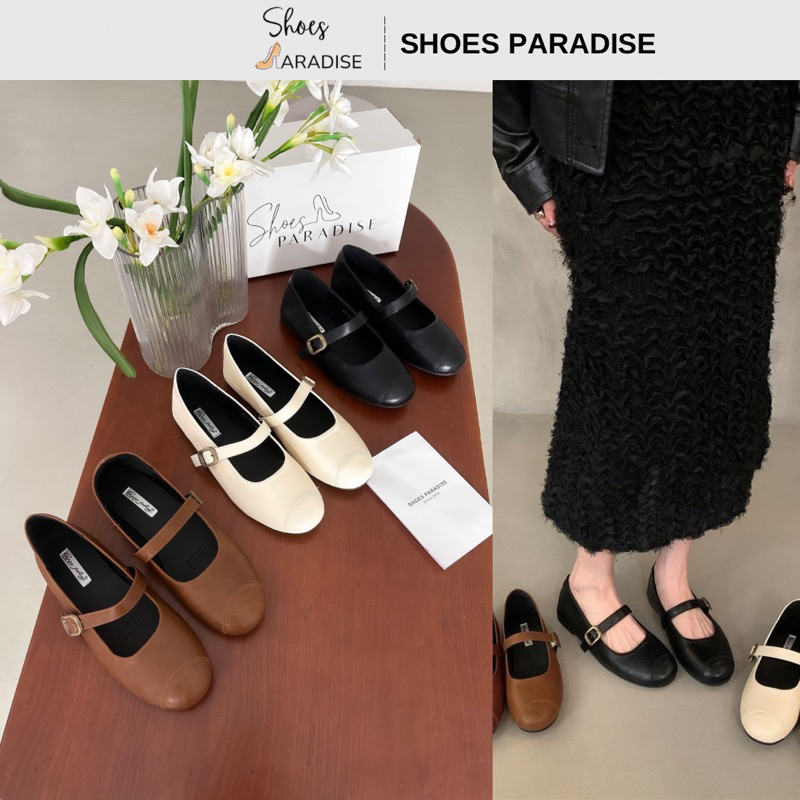 Giày búp bê cổ điển chất da mềm, êm phong cách trơn, đơn giản màu đen trắng nâu Shoes Paradise L133