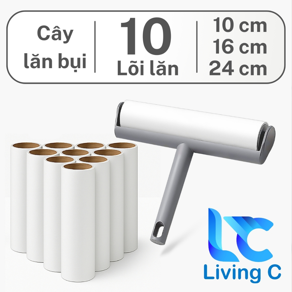Combo Cây Lăn Bụi + 10 Lõi Lăn 24cm, 16cm, 10cm size Lớn Living C, Làm Sạch Sofa, Quần Áo