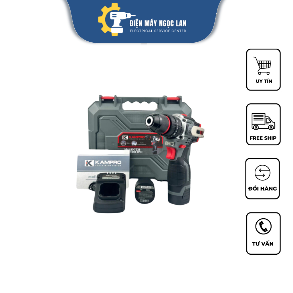 Máy Khoan Pin Kampro K-7038, 3 Chức Năng, Đầu Kẹp 10ly Autolock, Động Cơ Không Chổi Than
