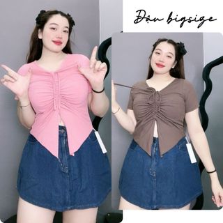 Áo thun bigsize nữ tay ngắn cổ V phối nhún ngực tăng giảm độ dài tà tam giác cách điệu giúp tôn vòng một - G42