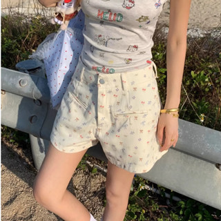 Quần short jean nữ in hình nơ thêu nổi kitty cutee