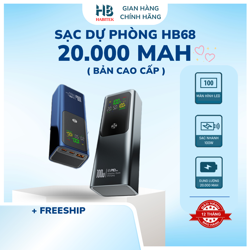 Pin Dung Lượng 20.000mAh HABITEK, Sạc Nhanh 100W, Pin Dung LƯợng Lớn Sạc Cho Điện Thoại và Laptop - HB68 | BigBuy360 - bigbuy360.vn