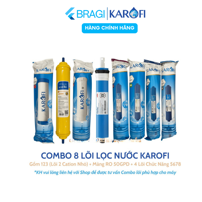 Combo 8 Lõi Lọc Nước Karofi Gồm Lõi 123 (Lõi 2 Cation Nhỏ),  Màng RO Dupont 50GPD  và 4 Lõi tác dụng