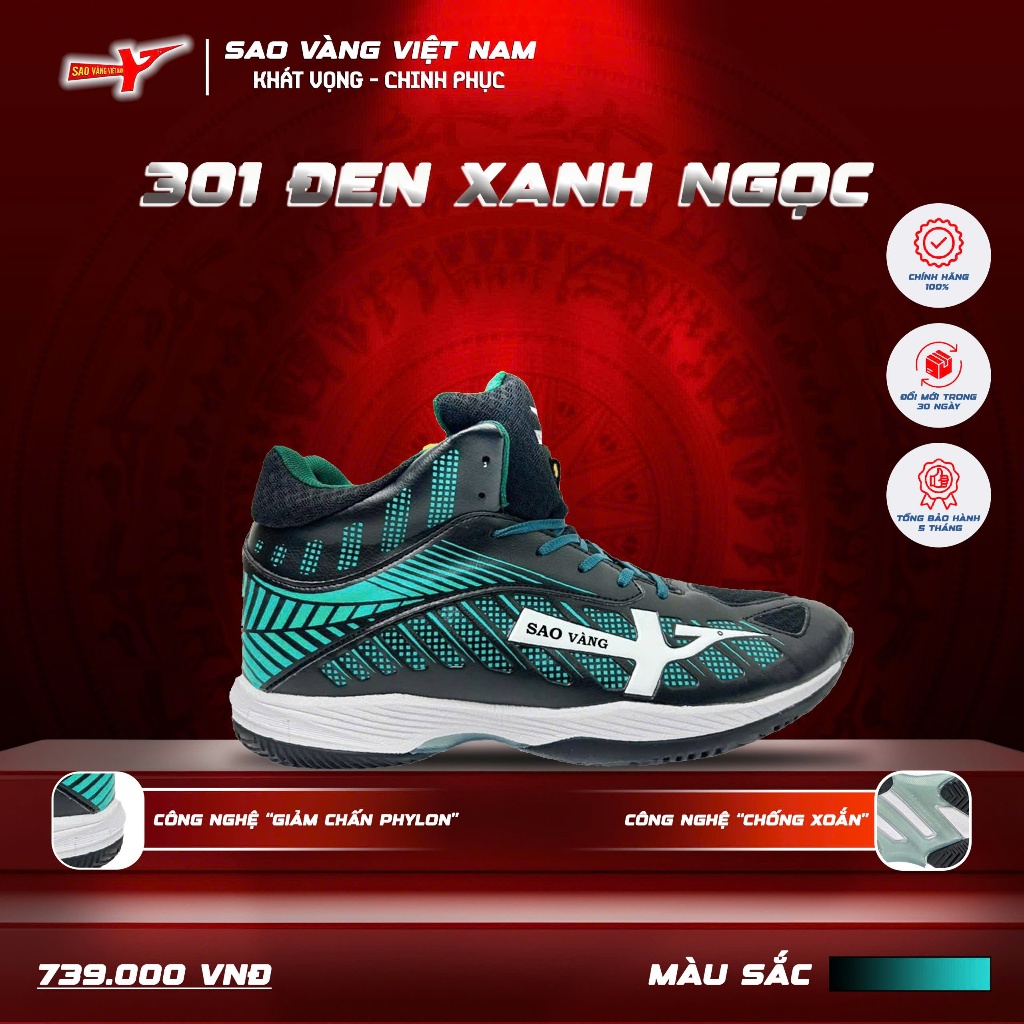 Giày Sao Vàng 301 Đen Xanh Ngọc - Giày Bóng Chuyền