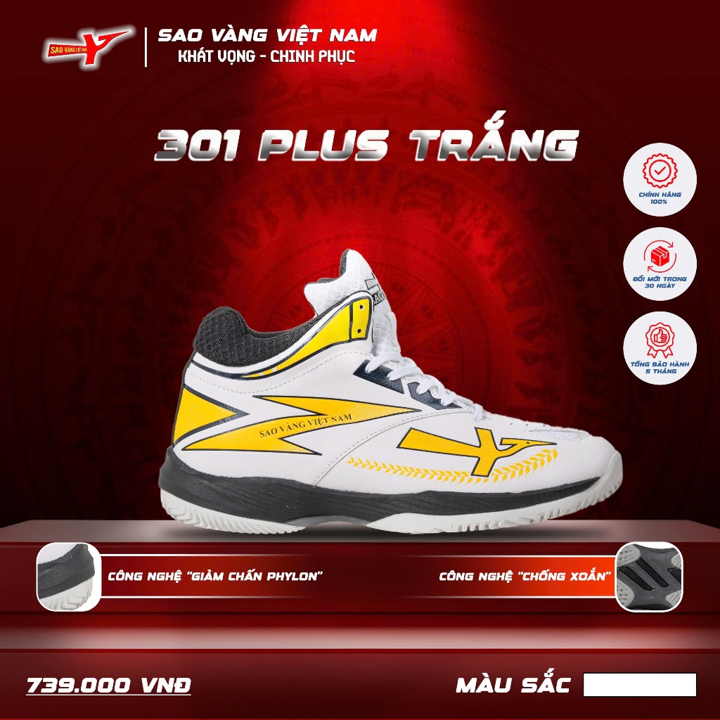 Giày Bóng Chuyền Sao Vàng 301 Plus Trắng