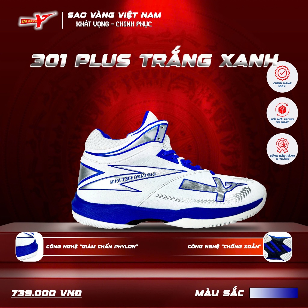 Giày Bóng Chuyền Sao Vàng 301 Plus Trắng Xanh