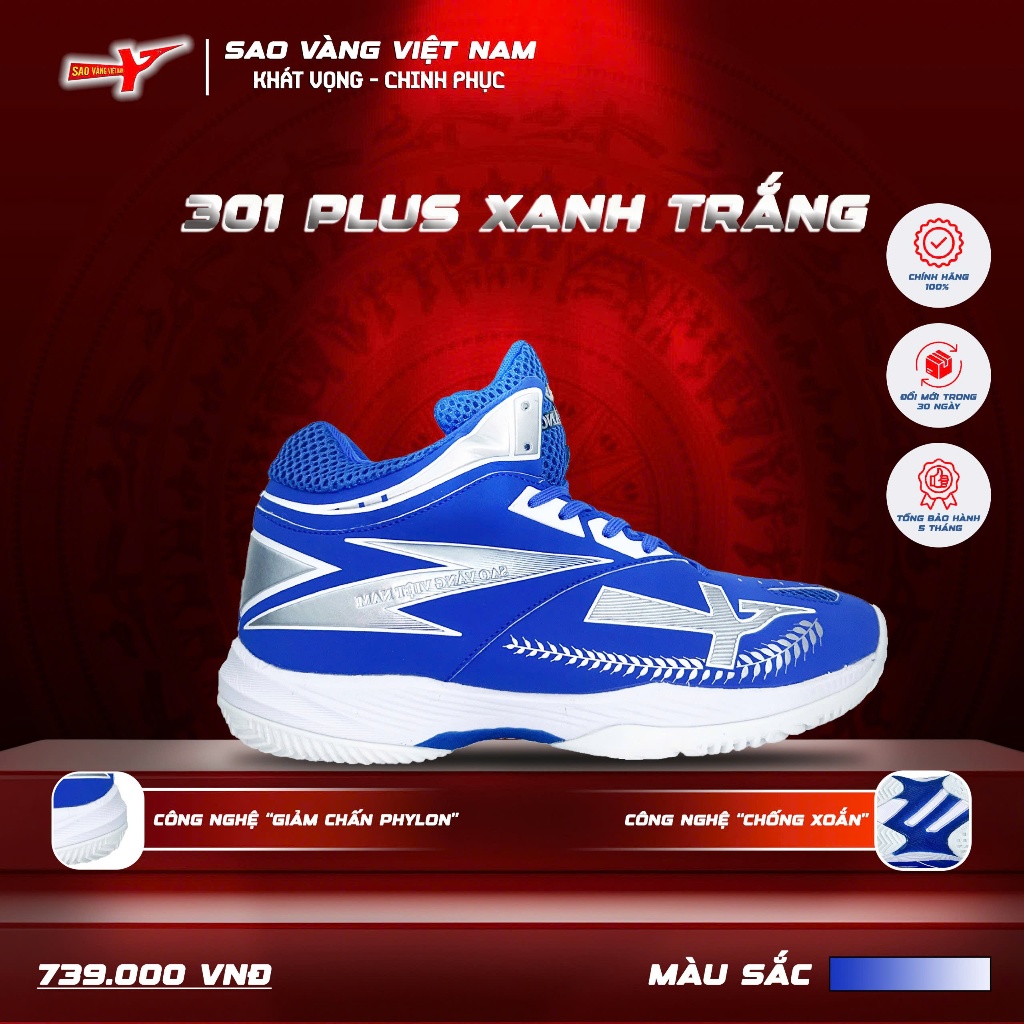 Giày Bóng Chuyền Sao Vàng 301 Plus Xanh Trắng