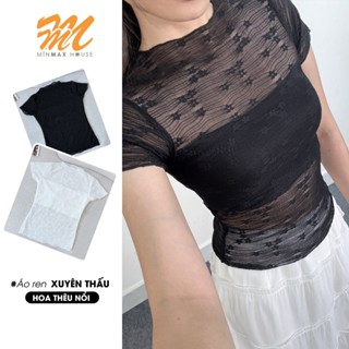 [ HÀNG SẴN-HÀ NỘI ] Áo kiểu nữ ren lưới hoa nổi có lót trong, áo kiểu nữ tay ngắn phong cách Hàn Quốc