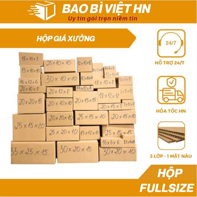 Combo 10 Hộp carton đóng hàng đẩy đủ kích thước, FULL SIZE, hộp đóng hàng giá rẻ - Bao bì Việt HN