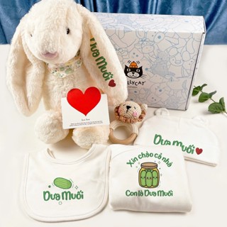   THÊU TÊN Set quà đầy tháng cho bé trai,5MÓN quà đầy tháng cho bé gái body suit cho bé sơ sinh Body thêu tên màu Trắng 