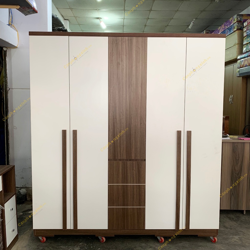 Tủ quần áo, tủ áo 5 cánh tay nắm gỗ, có ngăn hộc kéo đồ năng, cn MDF, CPX-T01