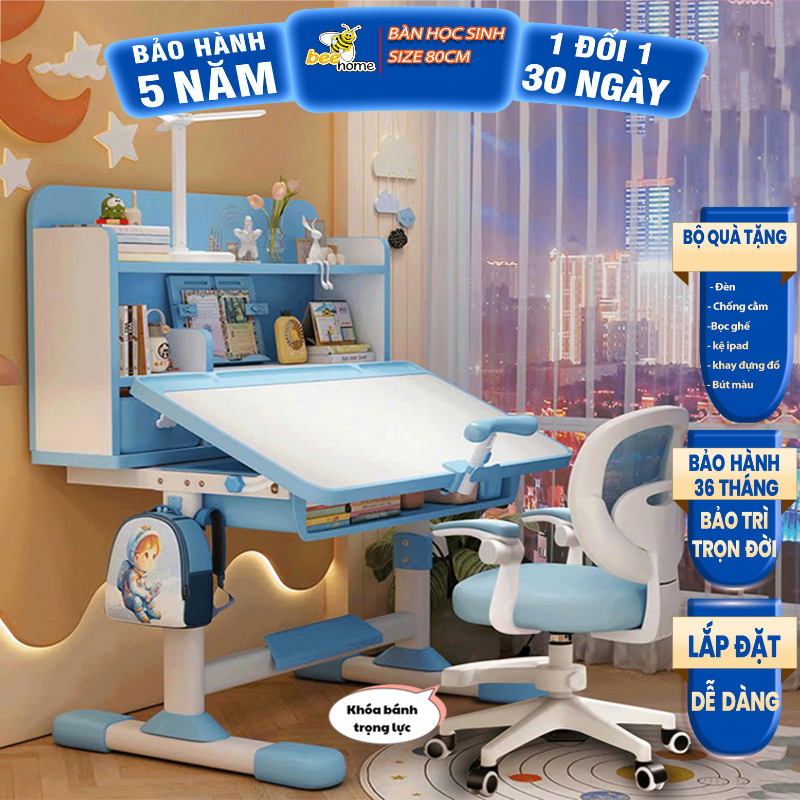 Bàn học trẻ em E06 Có kệ sách mới cho bé Nâng cấp ghế xoay 360 độ có bánh xe Nâng hạ linh hoạt