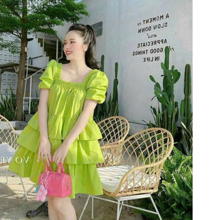 *Đầm đi biển thời trang nữ tiểu thư tay ngắn phồng chất lụa kiểu babydoll 100d cổ nhún dáng váy xòe body dài midi tôn eo