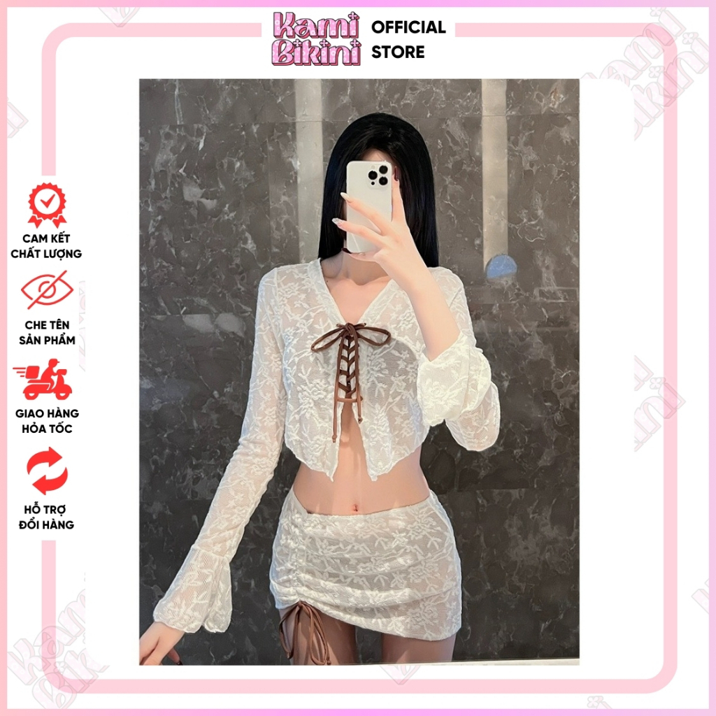 Set bikini đi biển 4 chi tiết sang chảnh dài che khuyết điểm cho nữ. Bikini kèm áo choàng và chân váy ren <50kg - Mã F02 | BigBuy360 - bigbuy360.vn