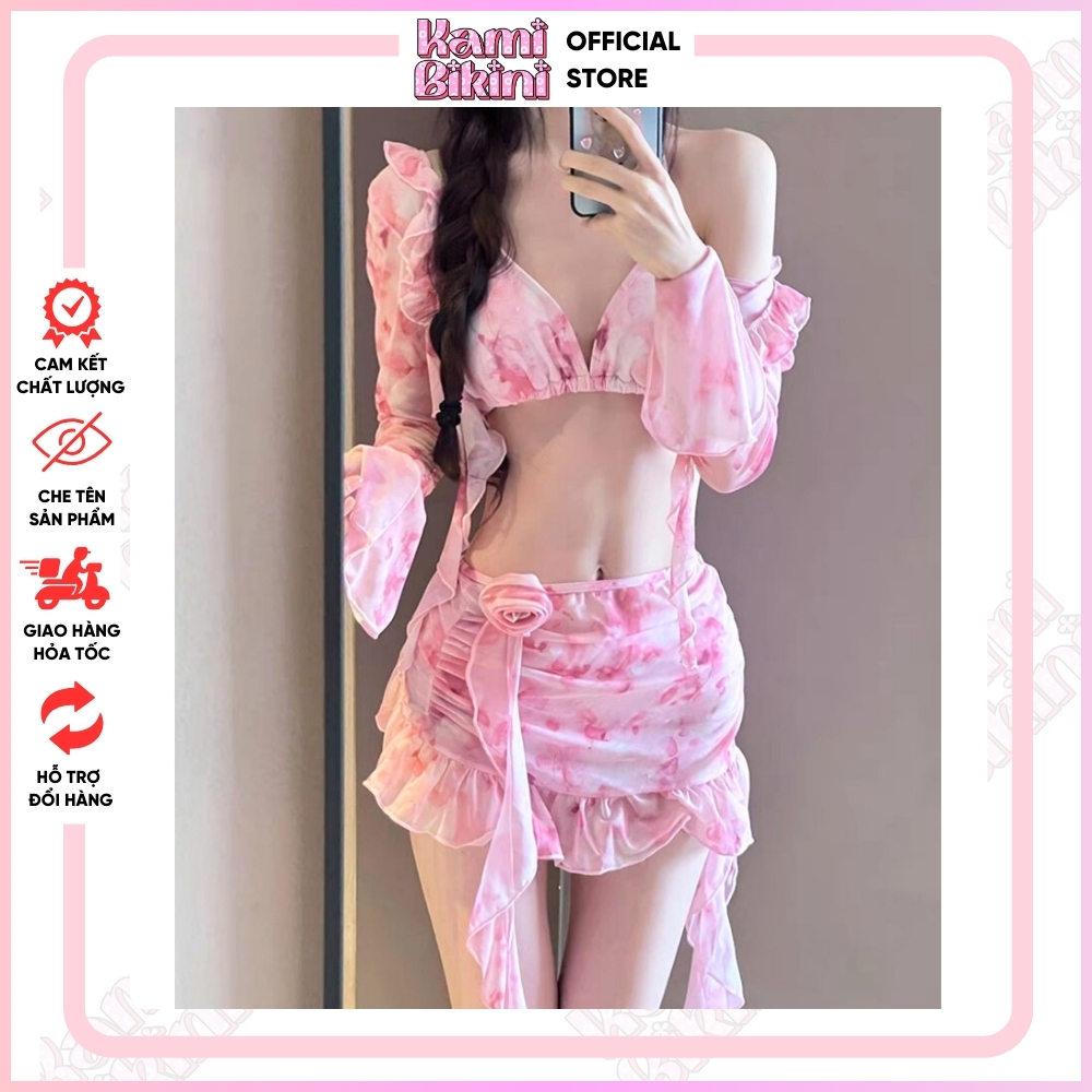 Set bikini đi biển 4 chi tiết HOA ĐÀO sẵn đệm mút, đồ bơi nữ sexy sang chảnh che khuyết điểm Freesize <55kg - Mã F01 | BigBuy360 - bigbuy360.vn