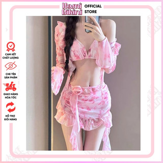  Set bikini đi biển 4 chi tiết HOA ĐÀO sẵn đệm mút đồ bơi nữ sexy sang chảnh che khuyết điểm Freesize <55kg - Mã F01 