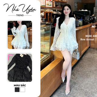 Set váy thiết kế tôn dáng 2 màu cho nàng kèm ảnh thật, áo cổ v tay dài loe cột nơ phối chân váy tầng 2 lớp - NHÃ UYÊN