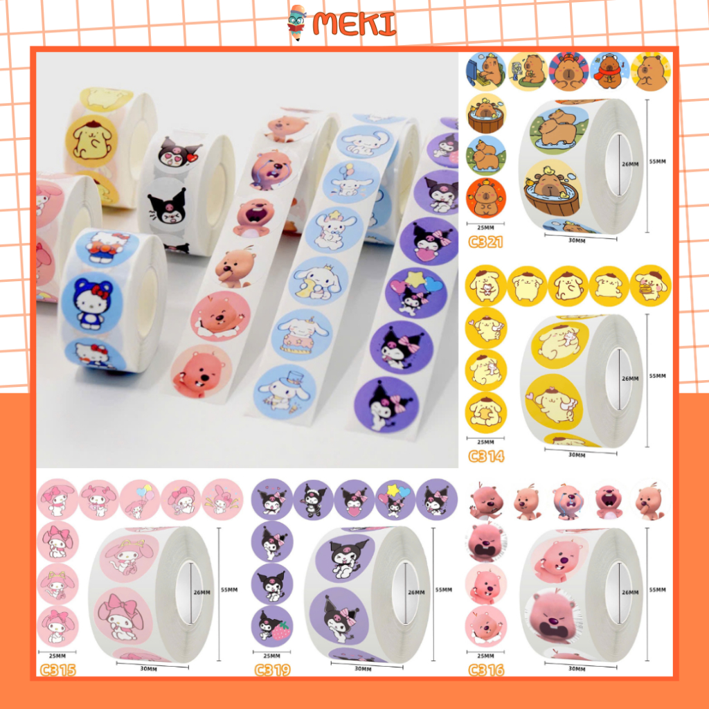 Cuộn 500 Tem Dán Sticker Hình Capybara, Loopy, Melody Dễ Thương Trang Trí, Sticker Thank You Gói Hàn