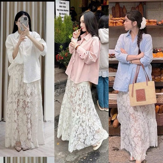   S2.3093  Set Áo Sơmi Form Thụng Đuôi Tôm Mix Chân Váy Ren Trắng Dáng Dài 2 Lớp   cvay dài 97 cm cạp chun  