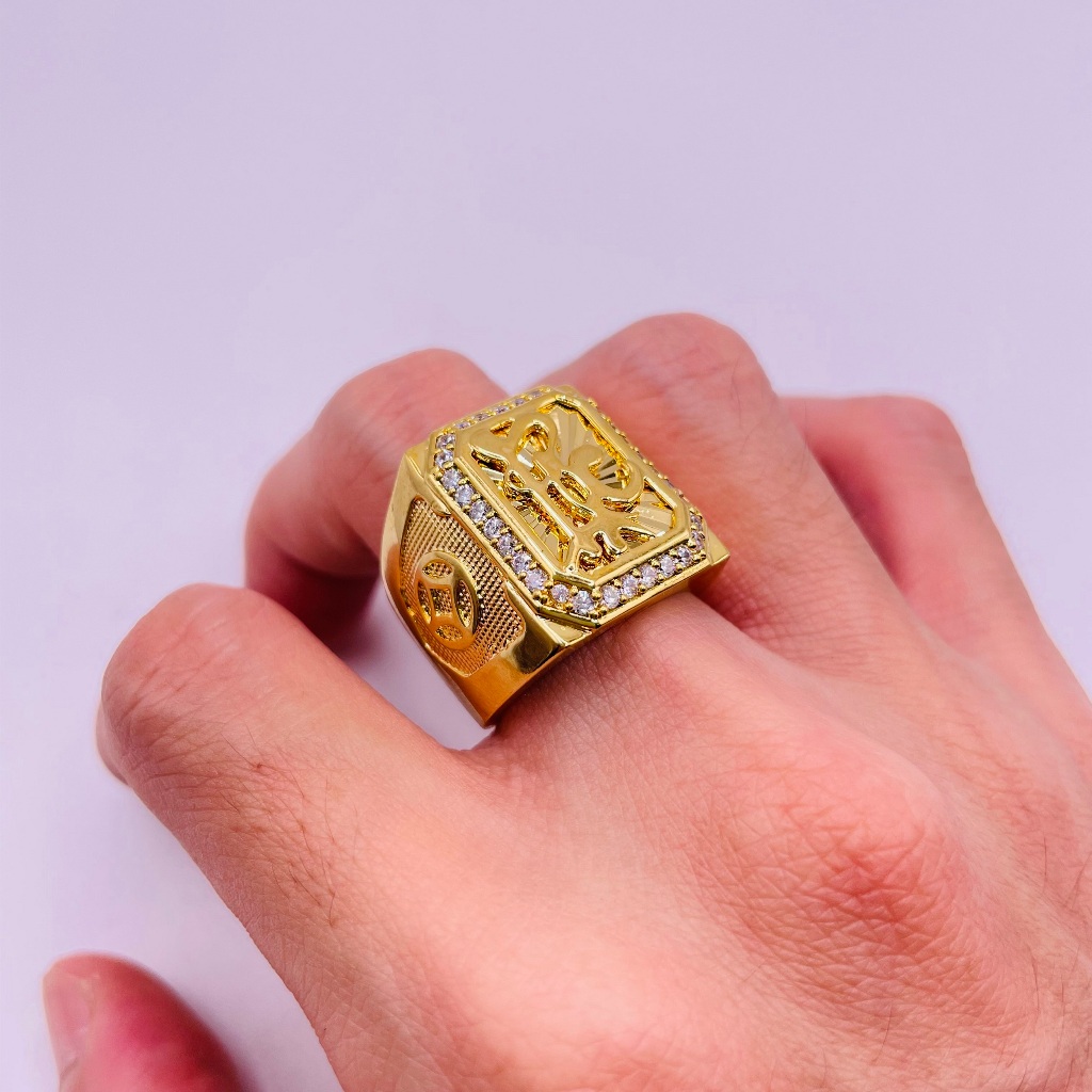 Nhẫn nam titan đính đá, Nhẫn nam màu vàng chữ lộc phối kim tiền chất liệu titan không phai màu mã 15