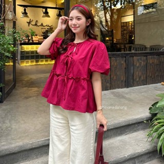   Kèm áo ống trong  Áo babydoll BERRY tay bồng phối dây buộc viền bèo nữ tính Kenco.clothing Sài gòn M317 
