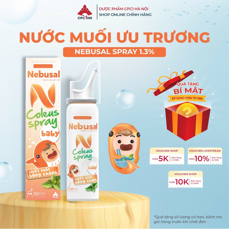 Xịt mũi Nước Muối Ưu Trương và Húng Chanh NEBUSAL COLEUS SPRAY 1,3% Không Cay Lọ 50 ml