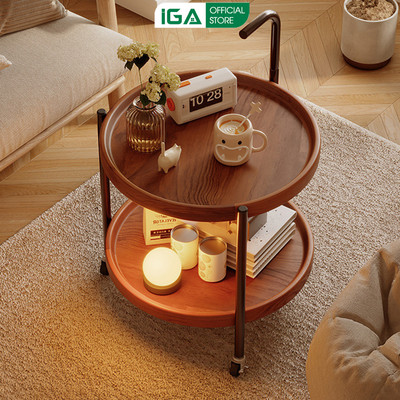 Bàn trà 2 tầng bàn phụ sofa kèm bánh xe di dộng decor phòng hiện đại thương hiệu IGA - GM188