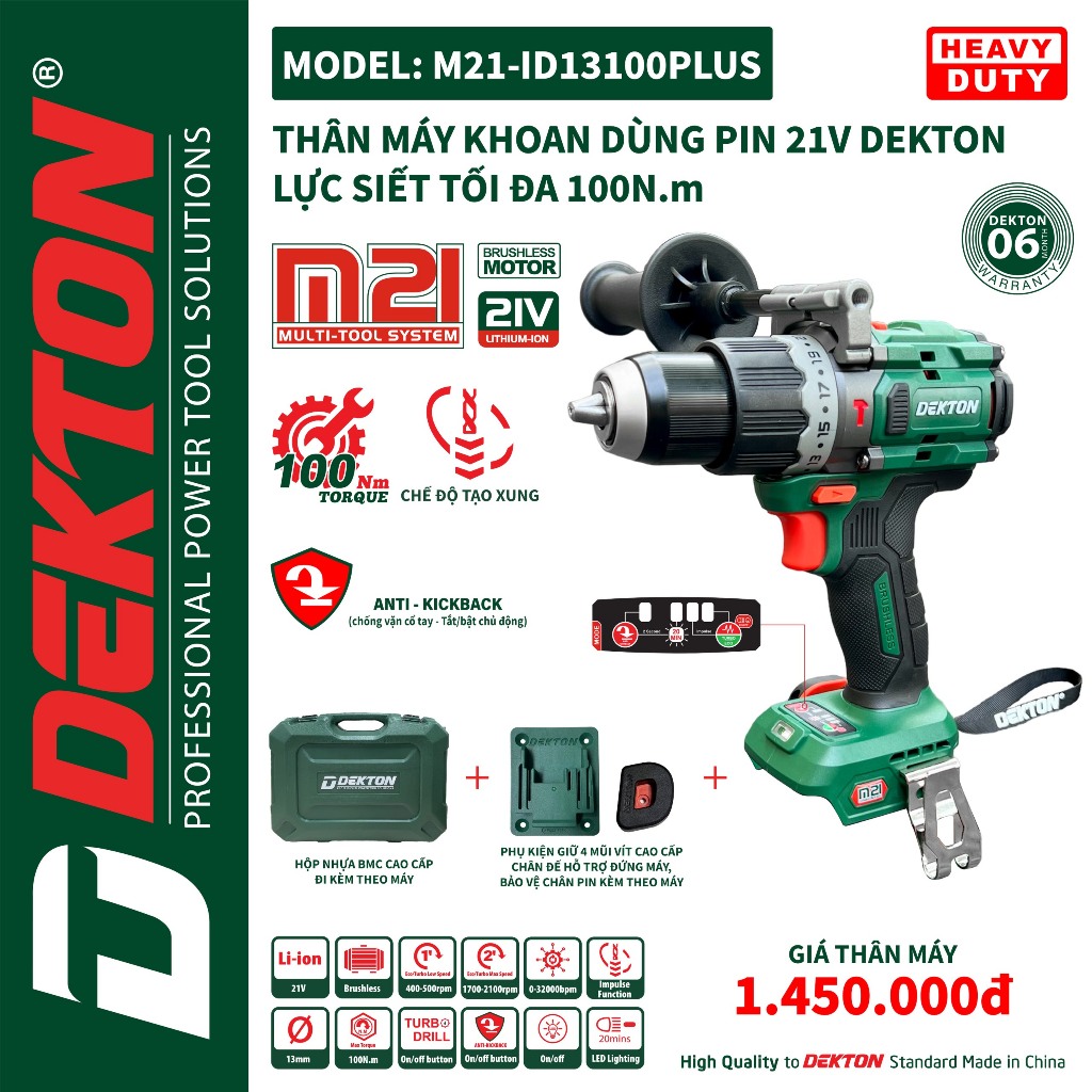 Màu Xanh [M21-ID13100Plus]Thân Máy Khoan Pin DEKTON / Motor Brushless / Anti-kickback chủ động